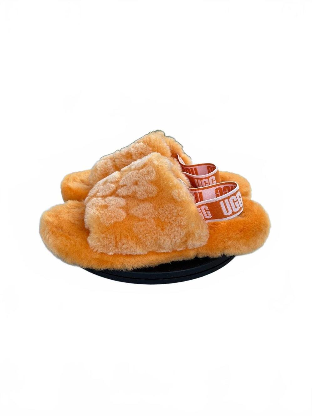 UGG Women's Fluff Yeah Slide Sandals Orange Floral Shearling Size 5